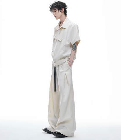 Deconstructed Stripe Embroidery Short Sleeve Shirt & Wide Leg Pants Setup WN27012