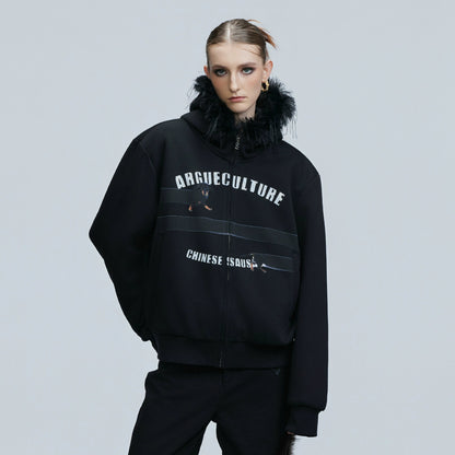 Fake Fur Collar Letter Print Zipper Hoodie WN21749