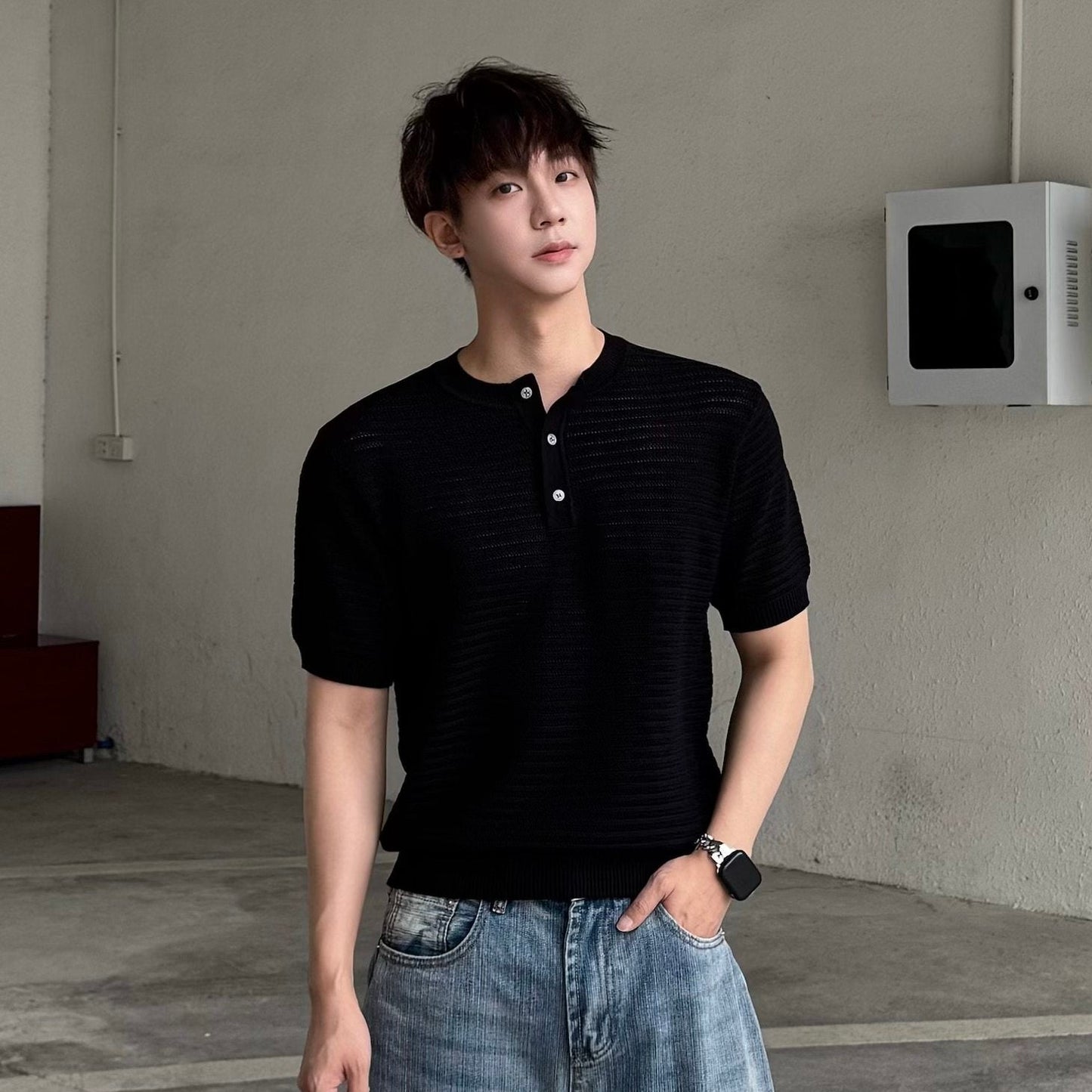 Openwork Texture Henley Neck Slim Knit T-shirt WN25249