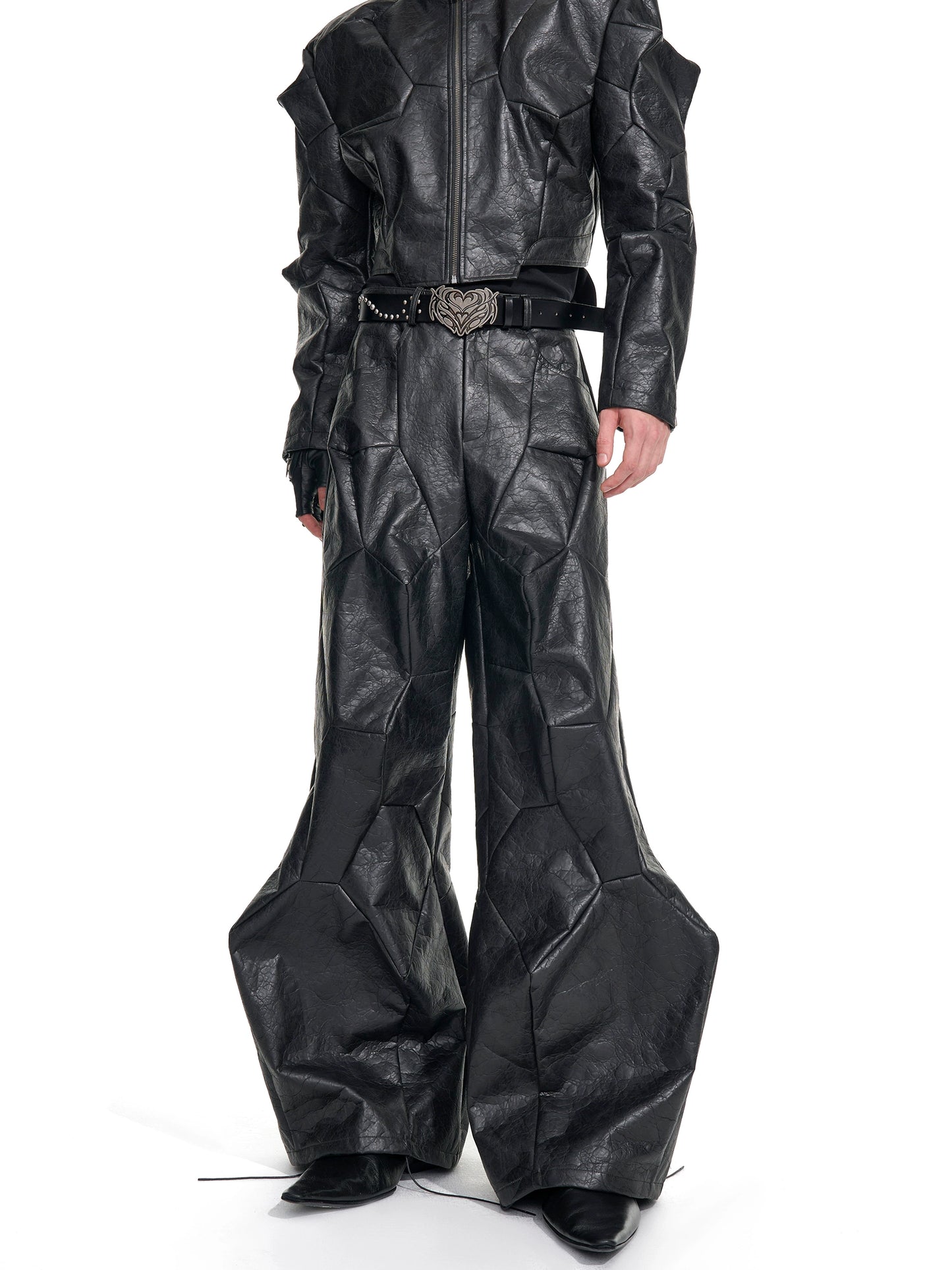 Deconstruction PU Leather Jacket & Wide Leg Pants Setup WN20949