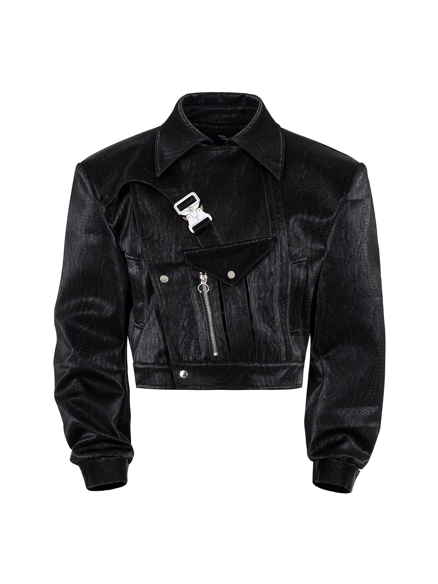 Metal Buckle Leopard PU Leather Short Jacket WN22162