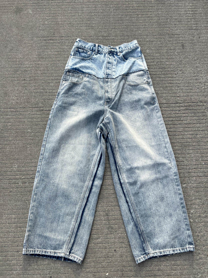 Contrast Panel Washed Wide Leg Denim Jeans WN24059