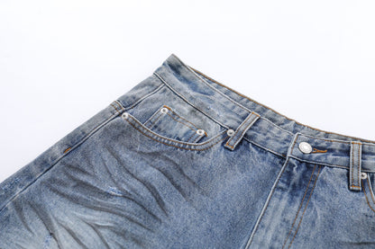 Whisker Washed Wide Leg Denim Half Jeans WN25946
