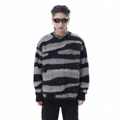 Zebra Pattern Shaggy Round Neck Oversize Knit Sweater WN10297