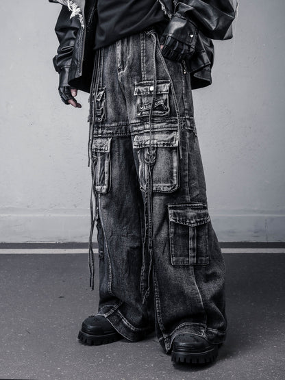 Damage Wash Studs Multi-Pocket Wide Leg Denim Jeans WN22540