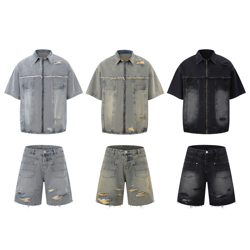 Washed Damage Wide Leg Denim Short Pants WN25596