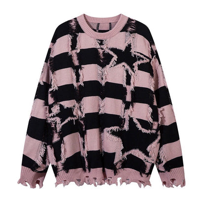 Stripe Oversize Damage Knit Sweater WN8377