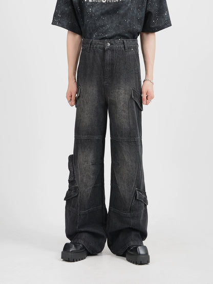 Washed Multi-Pocket Wide-Leg Straight Cargo Denim Jeans WN7141