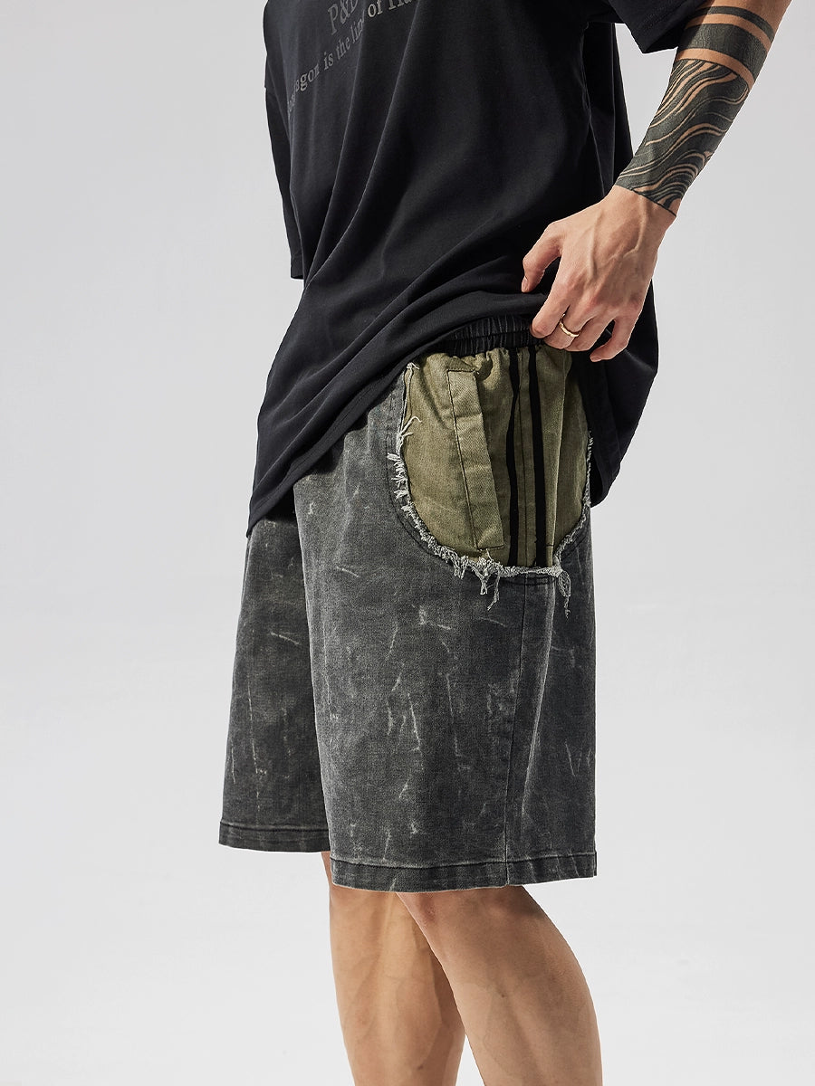 Washed Patchwork Drawstring Wide Leg Half Pants WN17605