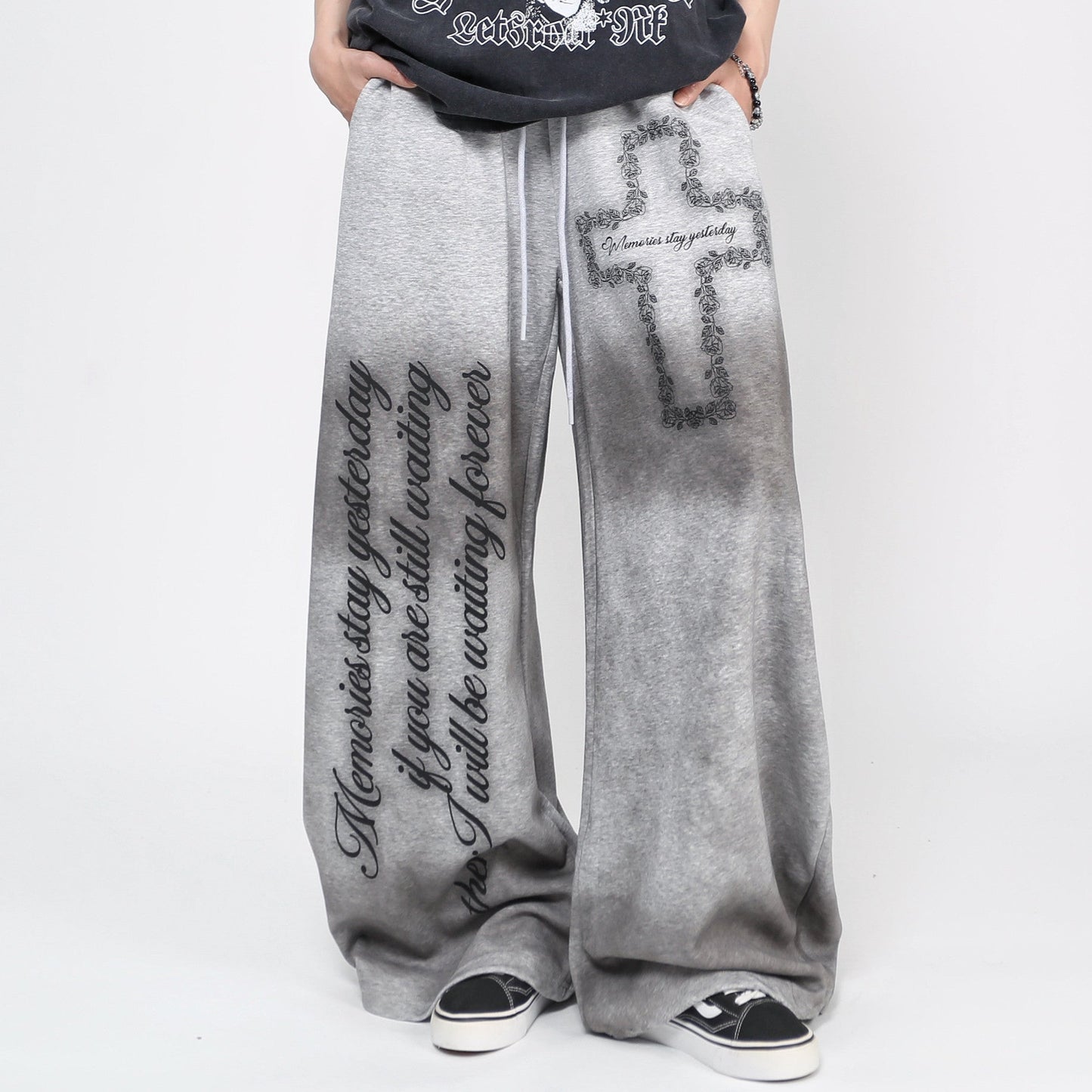 Cross Letter Print Washed Wide Leg Sporty Pants WN24483