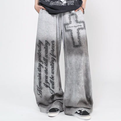 Cross Letter Print Washed Wide Leg Sporty Pants WN24483