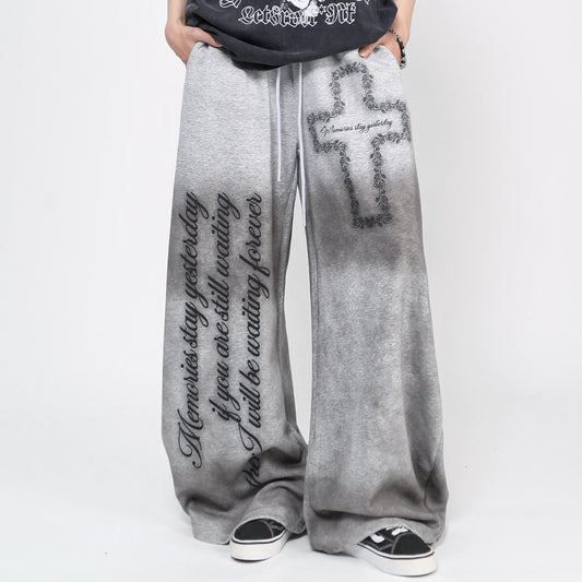 Cross Letter Print Washed Wide Leg Sporty Pants WN24483