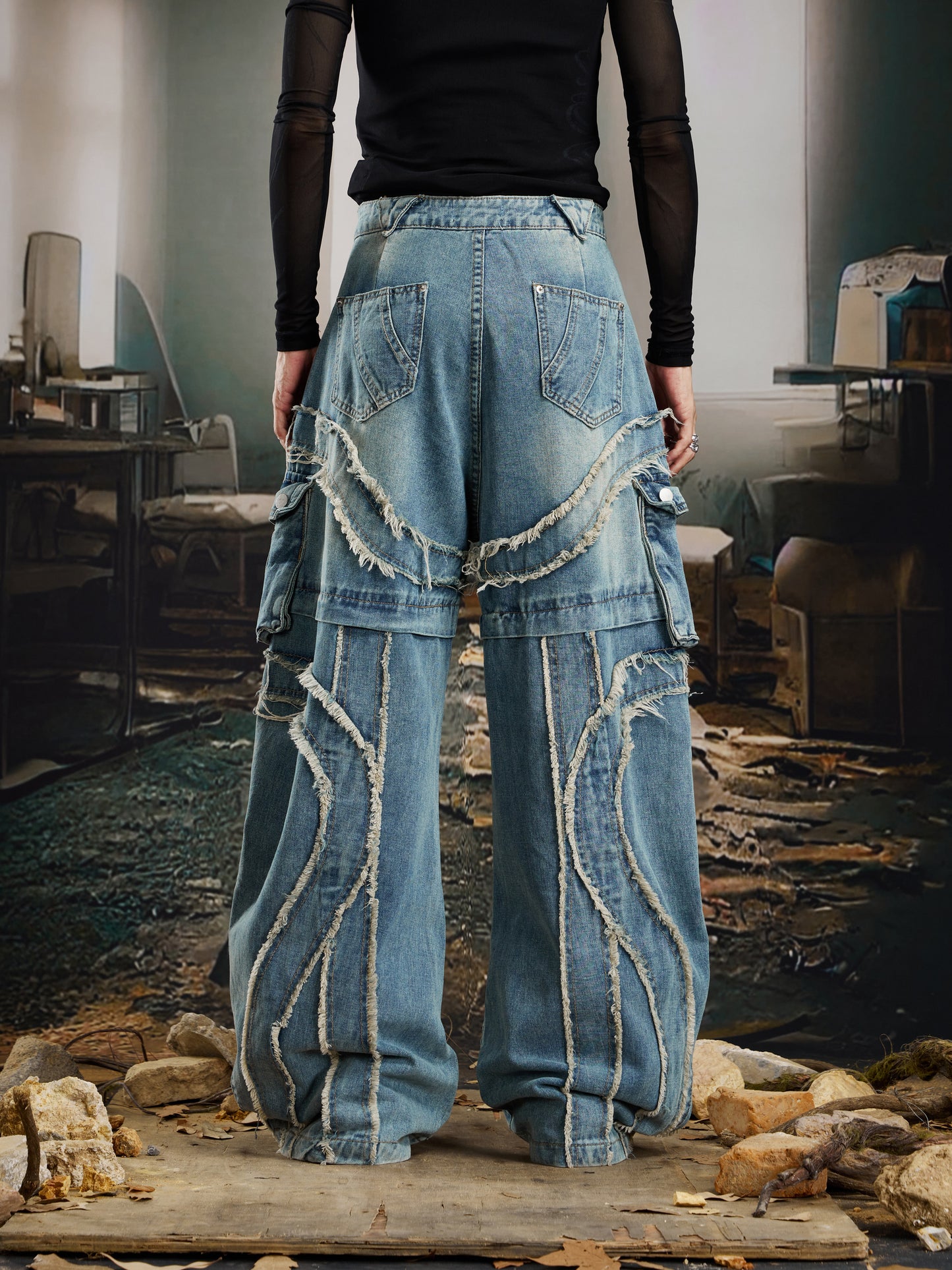 Deconstructed Patchwork Washed Fringe Utility Pocket Wide Leg Straight Denim Jeans WN22752