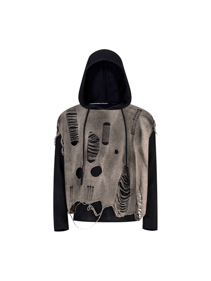 Washed Damage Fake Layered Knit Hoodie WN21964