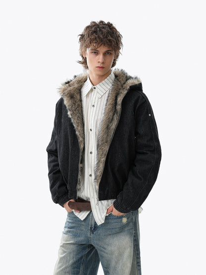 Fake Fur-Collar Deconstructed Thick Denim Jacket WN22110