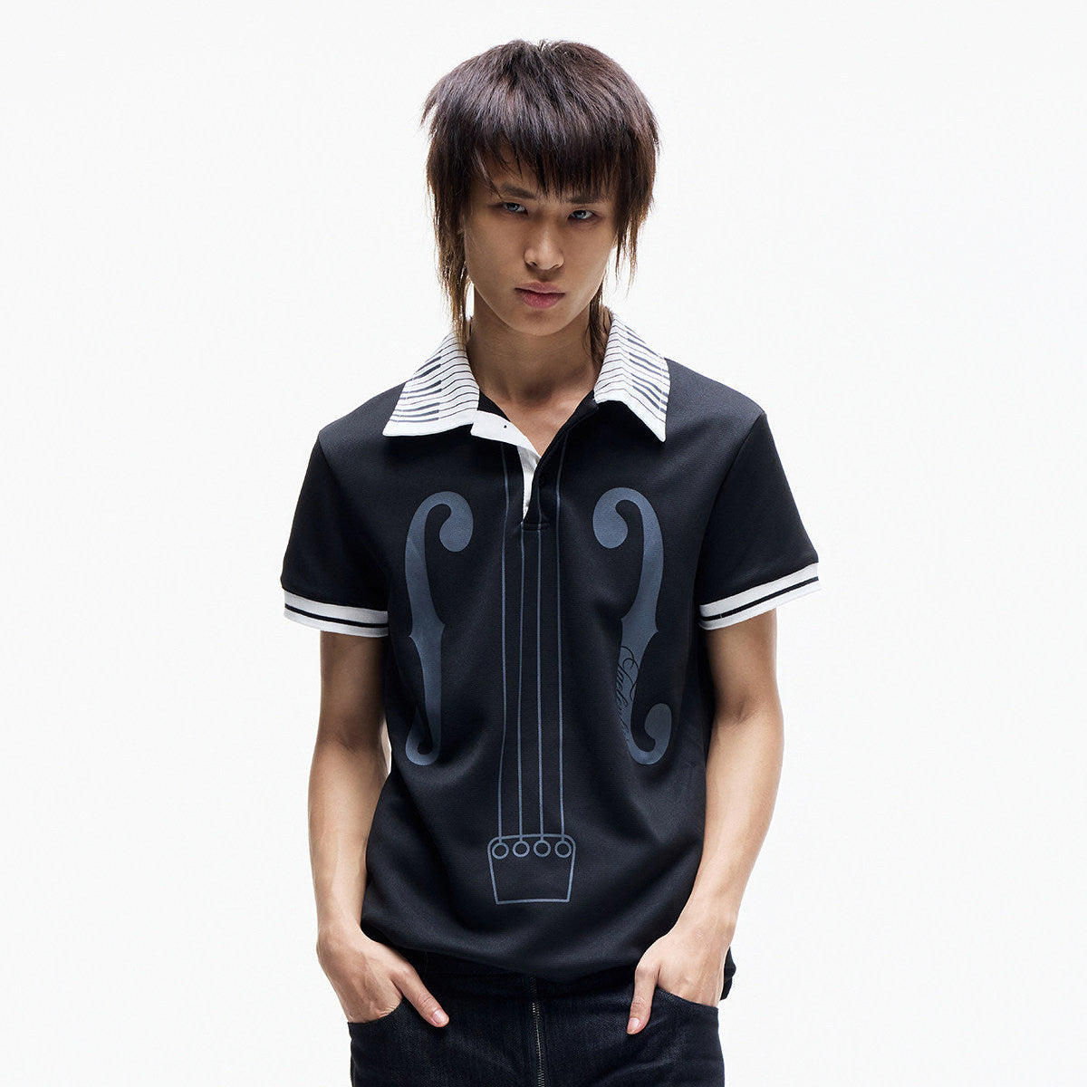 Contrast Panel Piano Key Music Note Print Short Sleeve Shirt WN27339