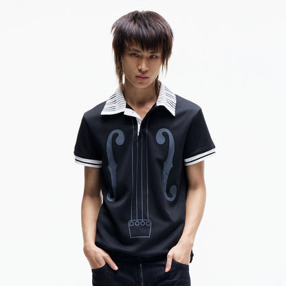 Contrast Panel Piano Key Music Note Print Short Sleeve Shirt WN27339