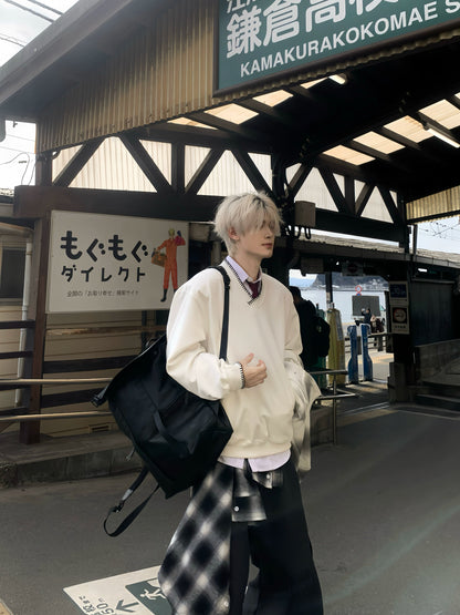 Embroidery Design Oversize V-Neck Long Sleeve T-Shirt WN19768