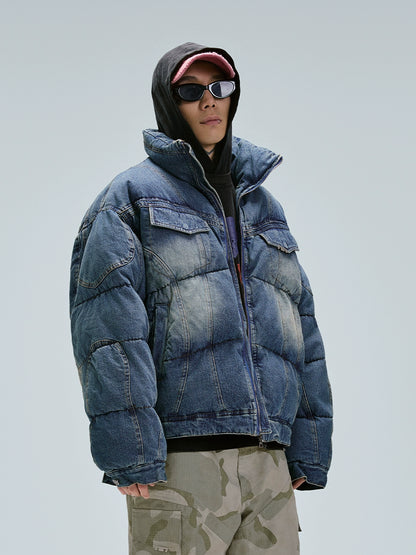 Washed Denim Oversize Thick Puffer Jacket WN12190