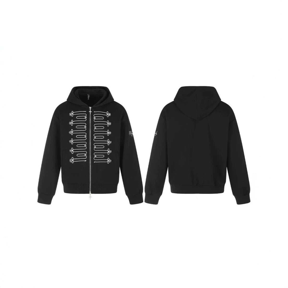 Knot Embroidery Metal Stud Cross Zipper Hoodie WN27796