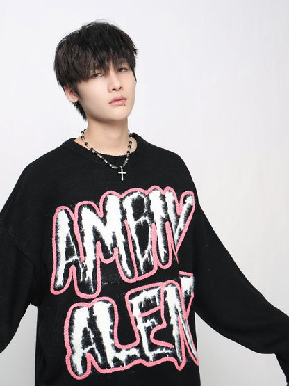 Oversize Damage Letter Graphic Print Knit Sweater WN24446