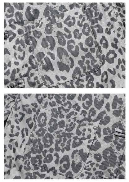Leopard Print Frog Button Stand Neck Oversize Jacket WN26296