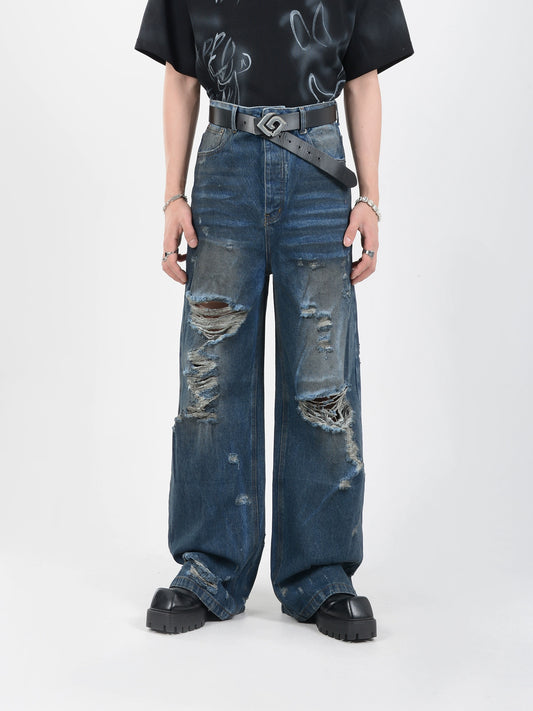 Washed Damage Wide-Leg Straight Denim Jeans WN7116