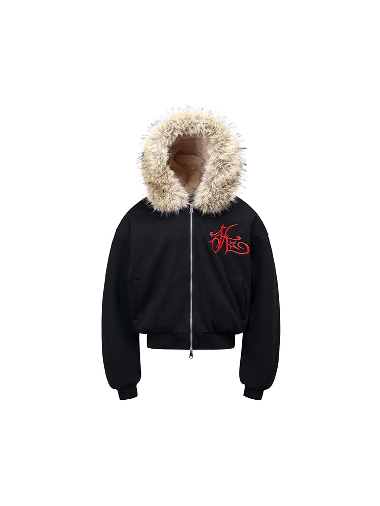 Hooded Embroidered Fake Fur Padded Jacket WN22201