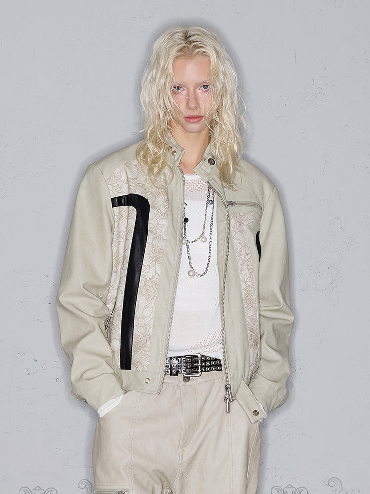 3D Patchwork Print Panel PU Leather Zipper Jacket WN17875