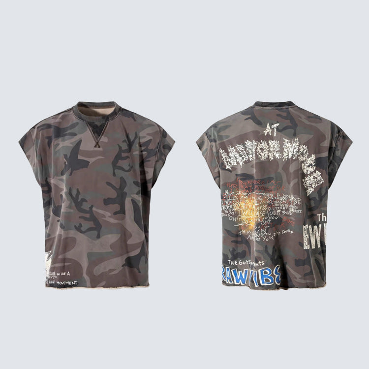Camo Typography Graphic Sleeveless T-Shirt WN27985