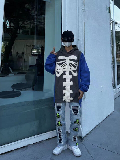 Skeleton Print Contrast Sleeve Oversize Hoodie WN24060