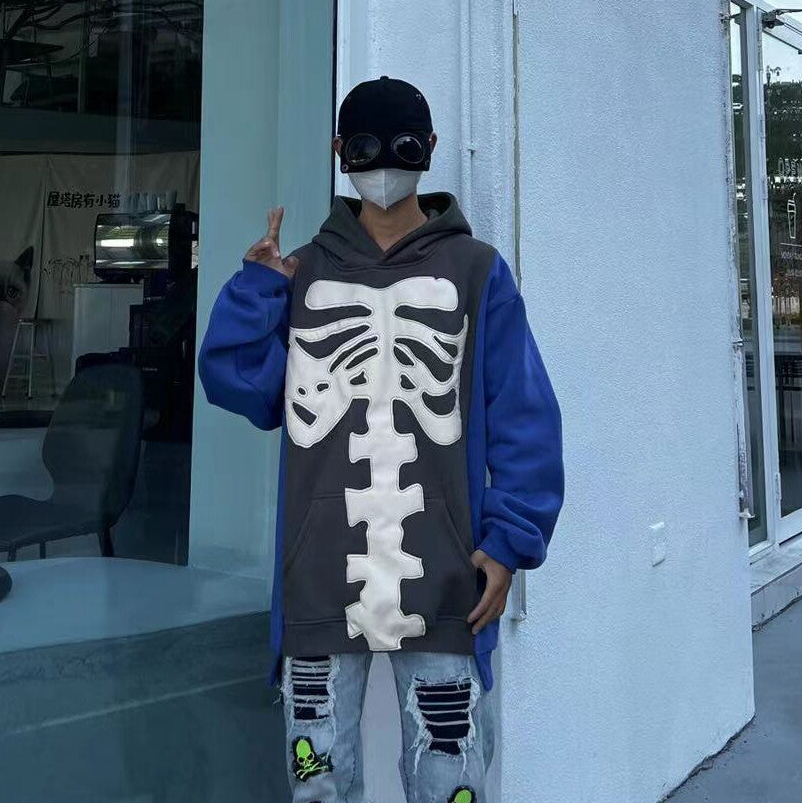 Skeleton Print Contrast Sleeve Oversize Hoodie WN24060