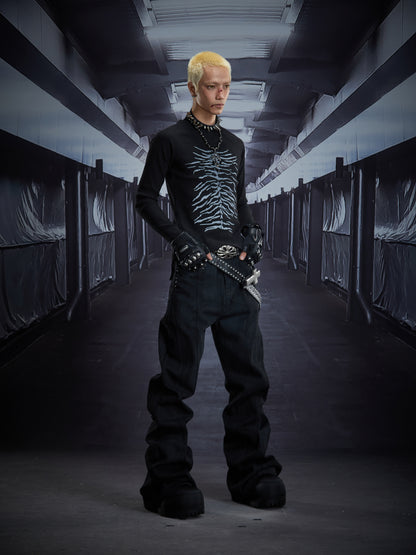 Coated Metal Stud Washed Damage Flare Denim Jeans WN22897