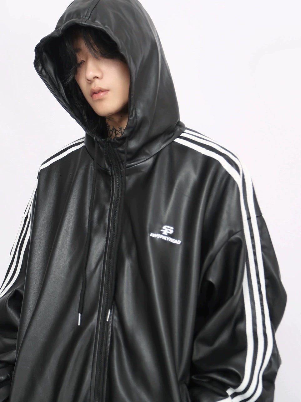 Oversize Sporty PU Leather Hooded Jacket WN8376