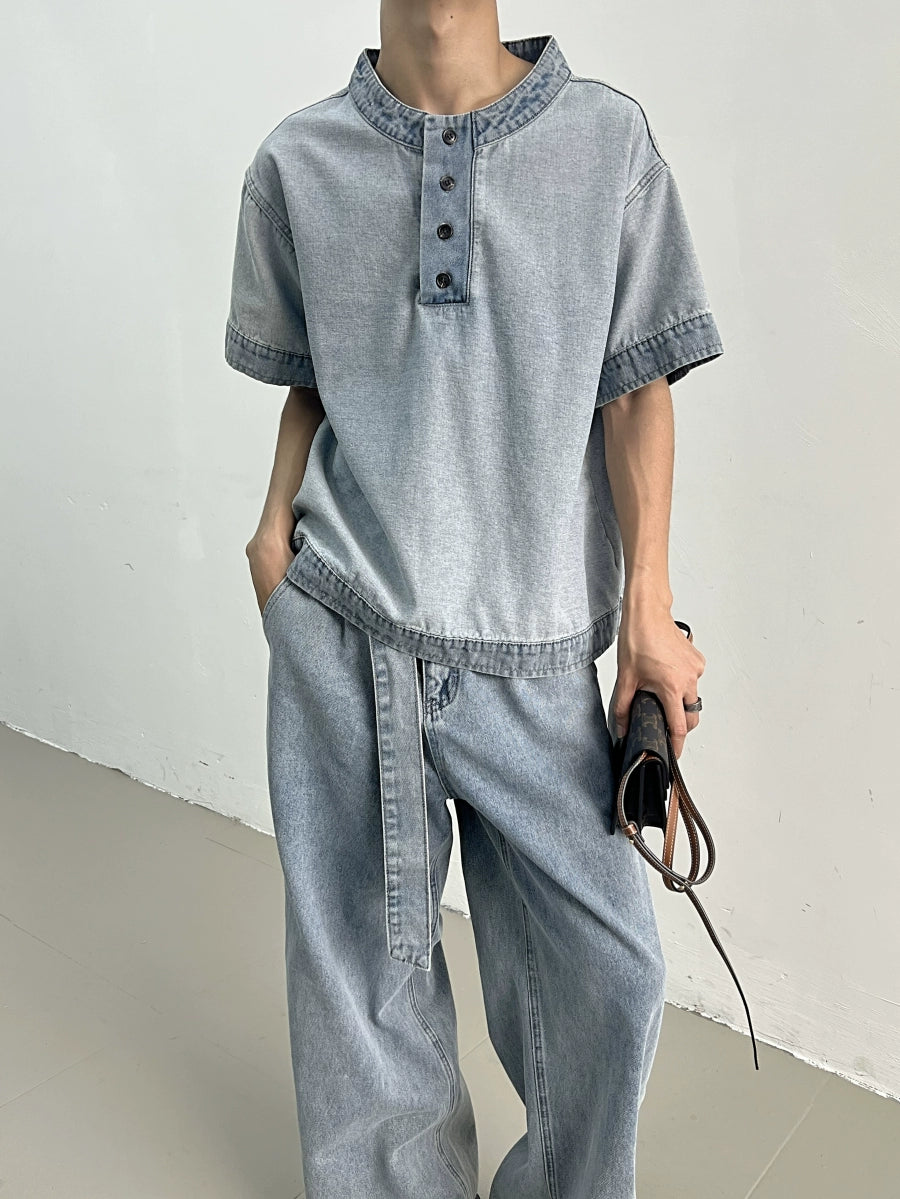 Short Sleeve Denim T-shirt & Wide-Leg Straight Belted Denim Jeans Setup WN7409