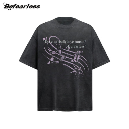 Music Note Print Washed Oversize Short Sleeve T-Shirt WN26237
