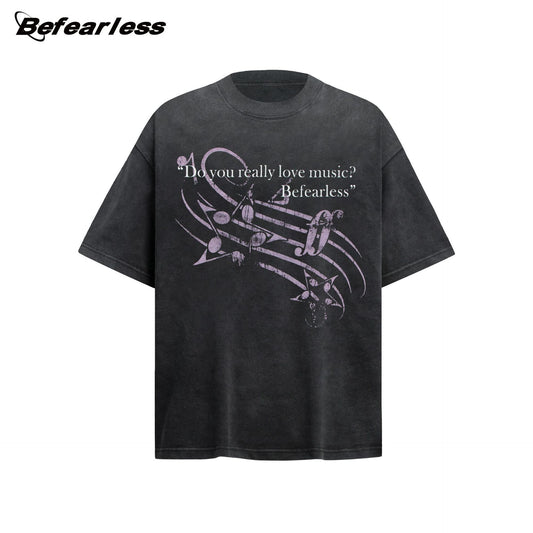 Music Note Print Washed Oversize Short Sleeve T-Shirt WN26237