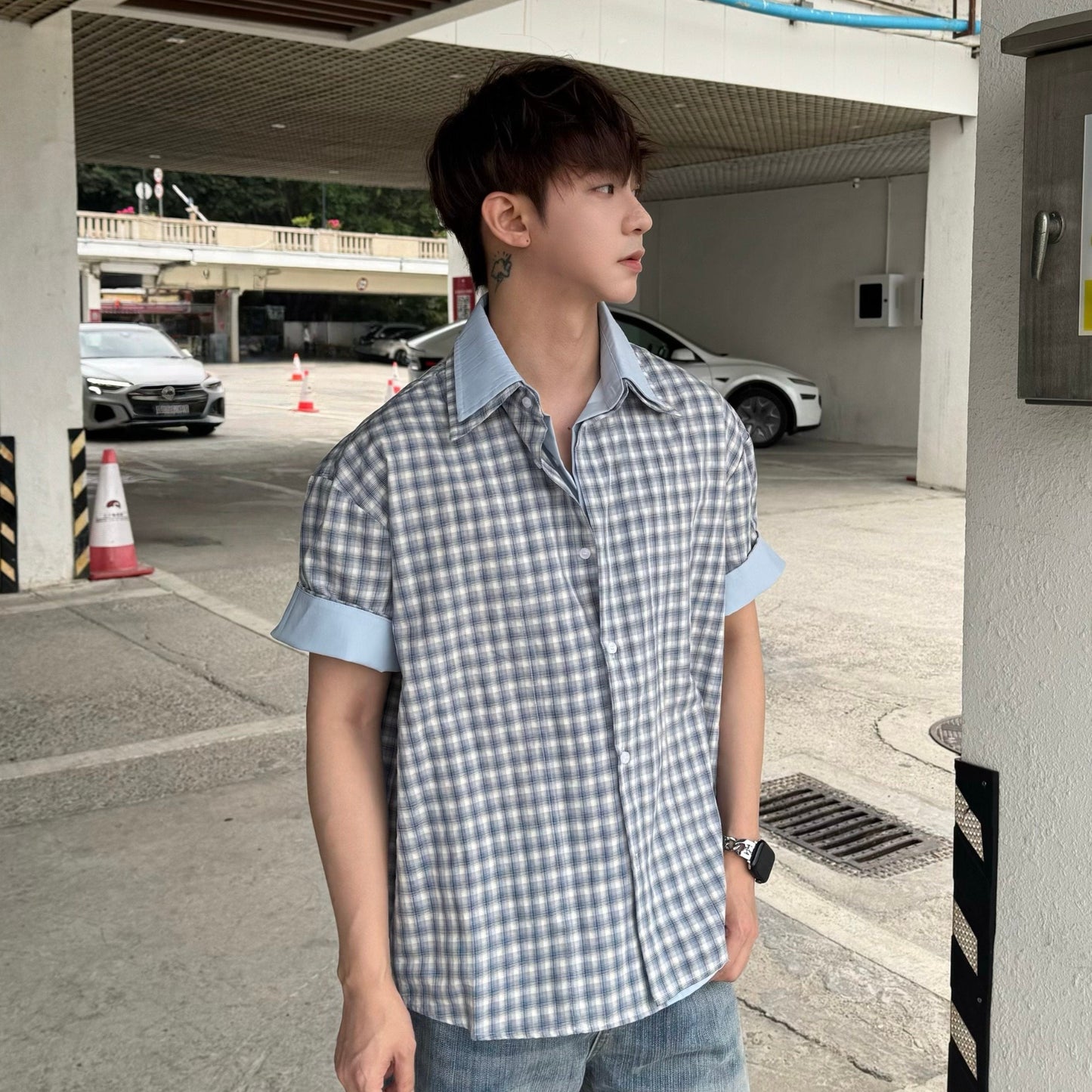 Plaid Contrast Cuff Short Sleeve Shirt WN25314
