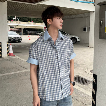 Plaid Contrast Cuff Short Sleeve Shirt WN25314