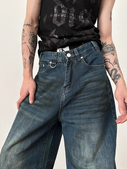 Washed Wide-Leg Straight Denim Jeans WN8869