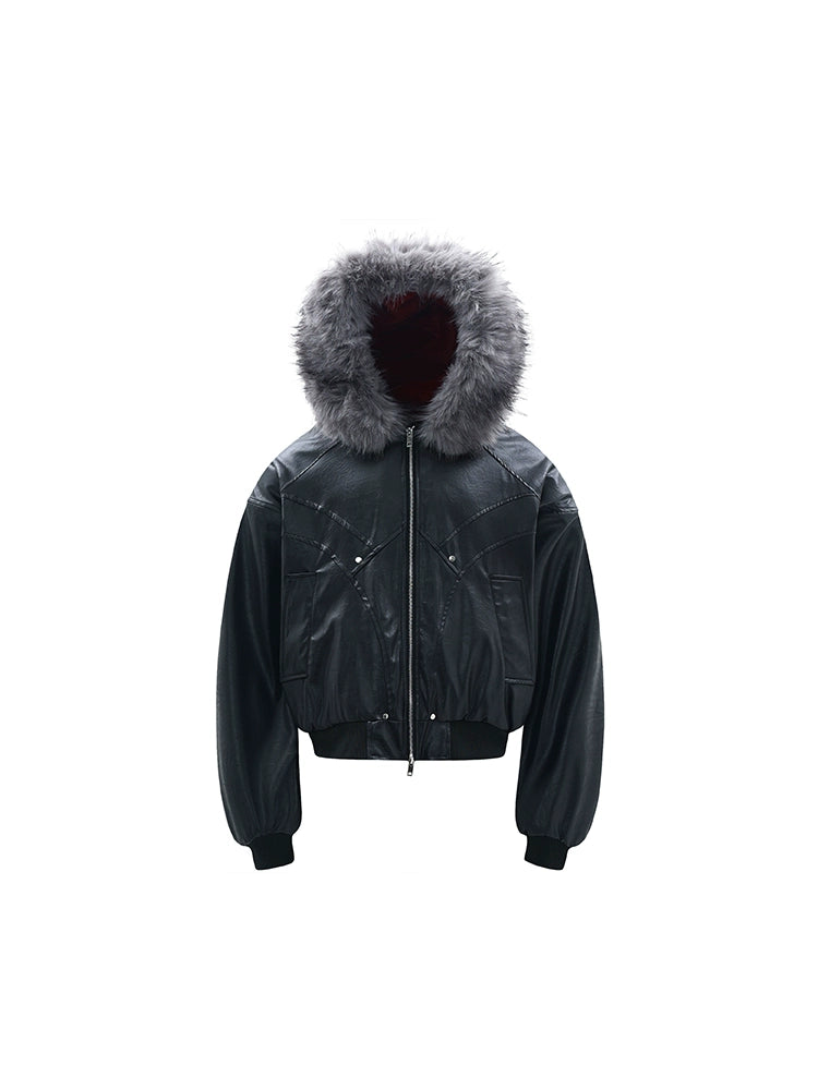 Hooded Matte PU Leather Fake Fur-Collar Jacket WN22220