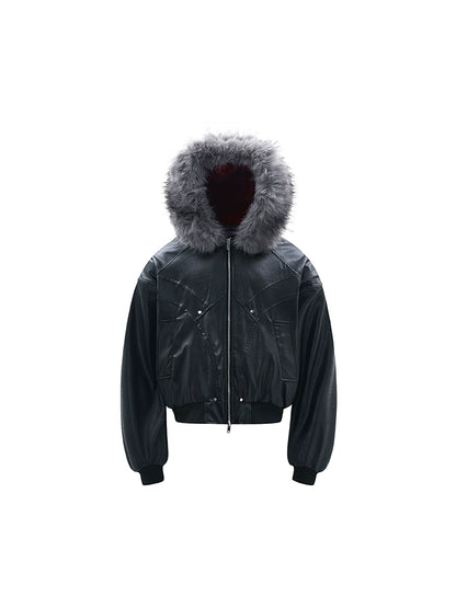 Hooded Matte PU Leather Fake Fur-Collar Jacket WN22220
