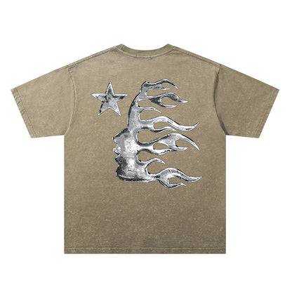 Washed Metal Letter Star Print Short Sleeve T-Shirt WN26912