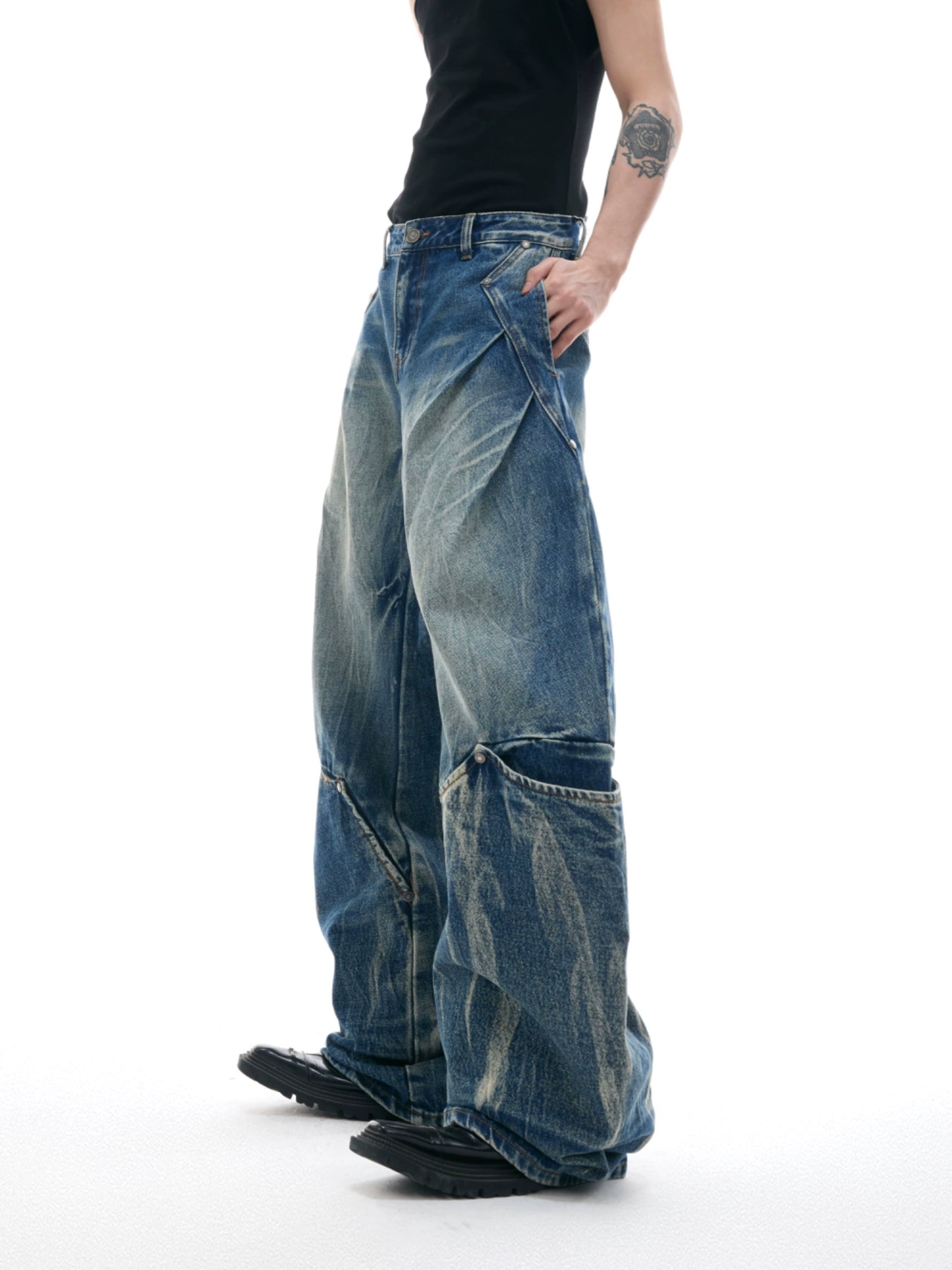 Heavy Wash Crack Patchwork Design Wide Leg Denim Jeans WN18409