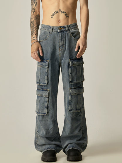 Washed Multi Pocket Straight Cargo Denim Jeans WN8978