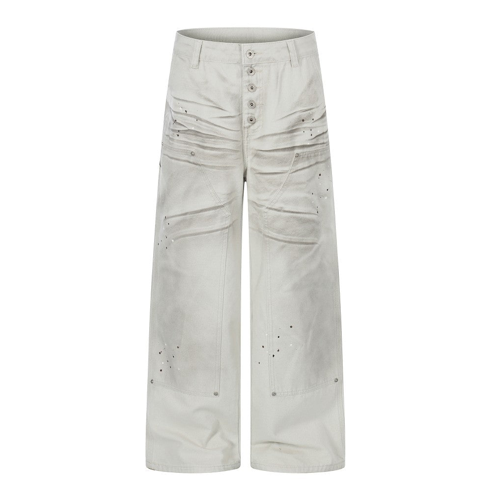 Washed Wrinkle Detail Wide Leg Denim Jeans WN28005