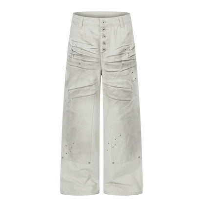 Washed Wrinkle Detail Wide Leg Denim Jeans WN28005