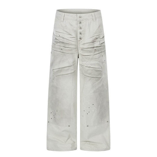 Washed Wrinkle Detail Wide Leg Denim Jeans WN28005