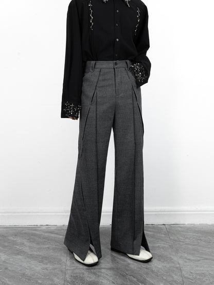 Heavy Embroidery Shoulder-Pad Oversize Tailored Jacket & Slit Design Flare Trousers Setup WN23648