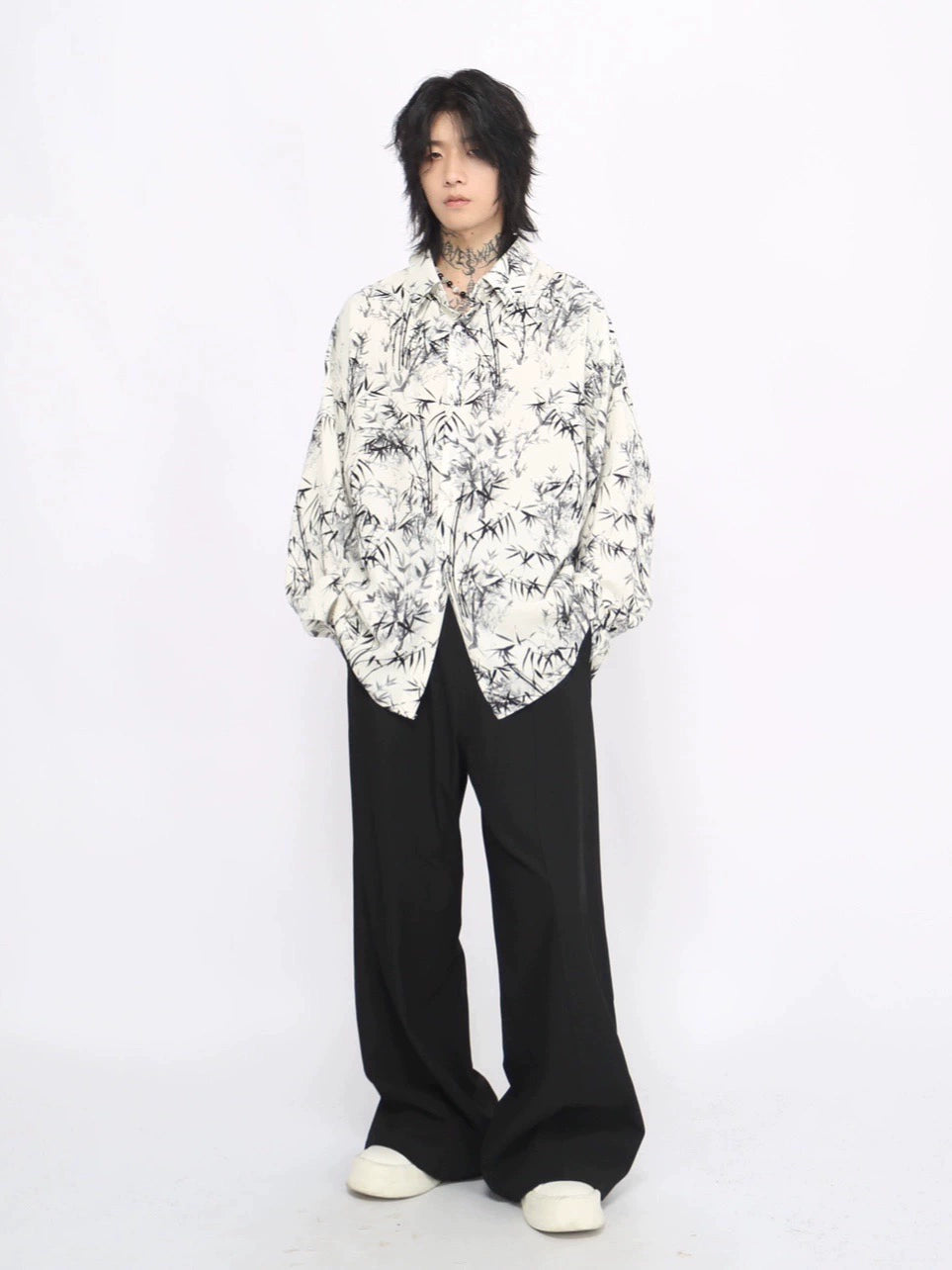 Bamboo Print Oversize Long Sleeve Shirt WN8711